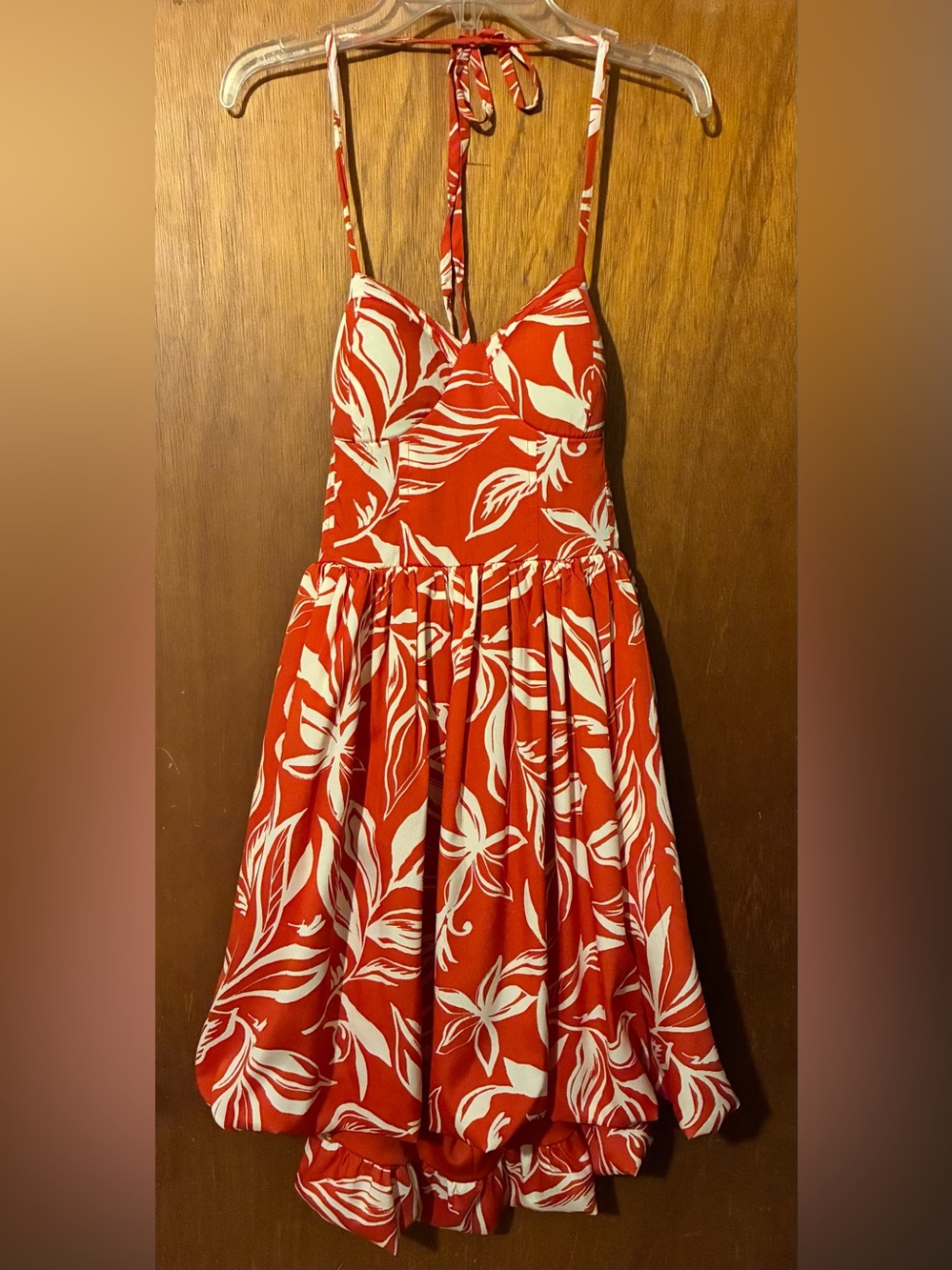 Red Floral High-Low Sundress with Halter Tie